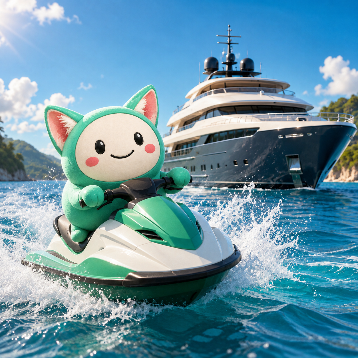 Cupcate riding a jet ski past a superyacht